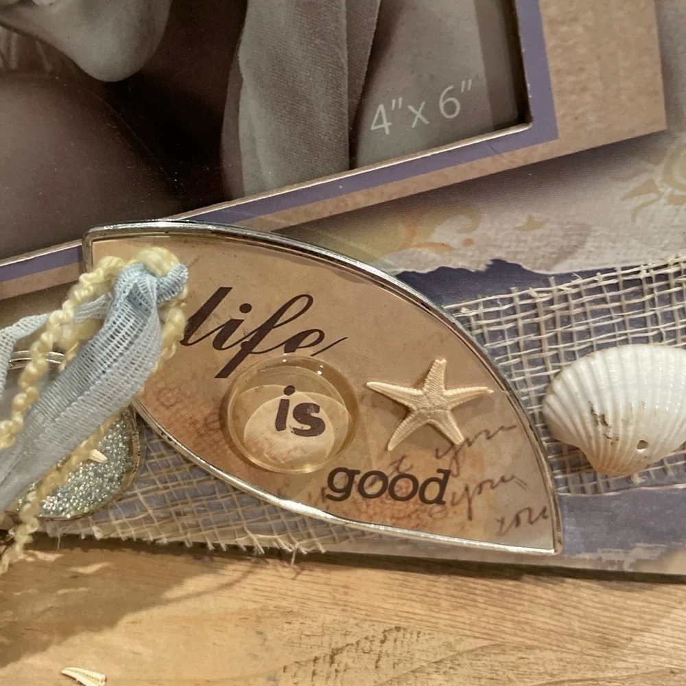 Life is Good Distressed Shabby Chic Shell Beach Coastal Frame Silver Blue 4x6